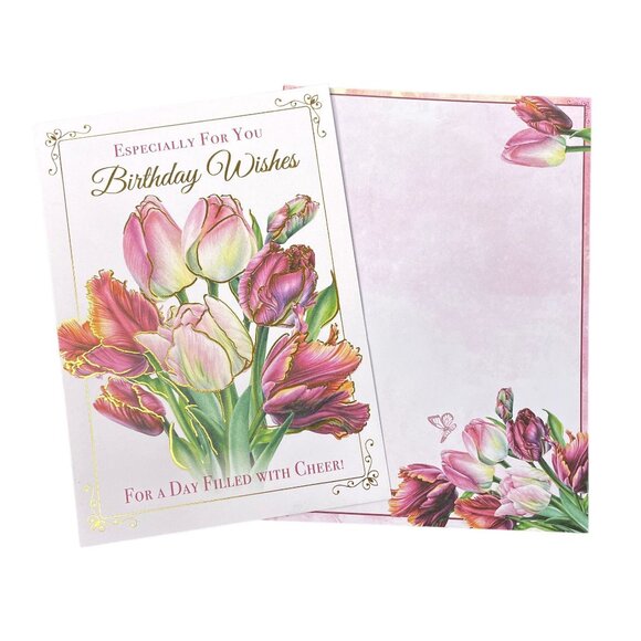 Tulips Birthday Wishes Card Gold Foil Outline Envelope Included A7 u Greeting Ca - Picture 1 of 4